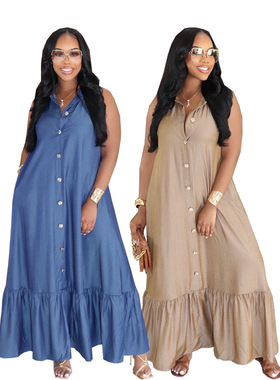 宽松无袖长裙女 2026 Sleeveless women's casual lapel dress