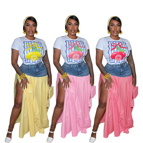 2026 T-shirt denim patchwork half-length skirt two-piece set