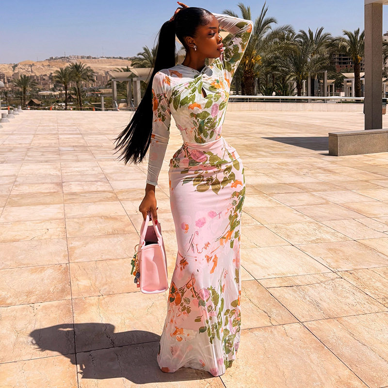 2026 autumn long sleeve flora slim dress elegant skirt women图片