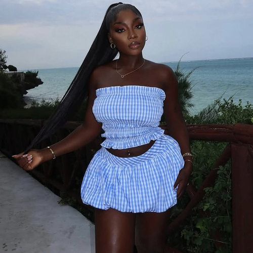 Women's 2026 new striped strapless top and puffy skirt set