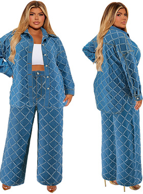 2026 Large size women's cardigan pants denim two-piece set