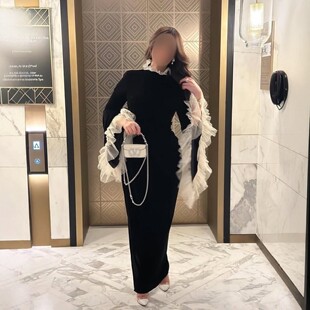 2026 Fashion Women's Black Velvet Long Sleeve Evening Dress