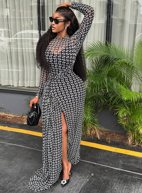 2026 Women's Hip Skirt Printed Long Sleeve Dress 印花连衣裙