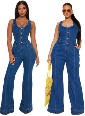 Women's fashion casual sexy denim jumpsuit 性感牛仔连体裤
