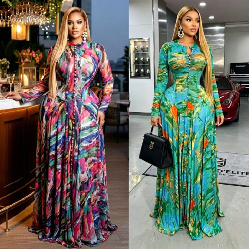 女装2026非洲新款印花大摆长裙圆领长袖收腰连衣裙 printed dress