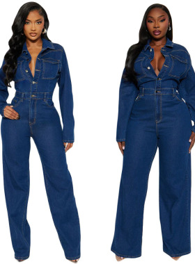 women's Slim fit long sleeved denim flared jumpsuit jumpsuit