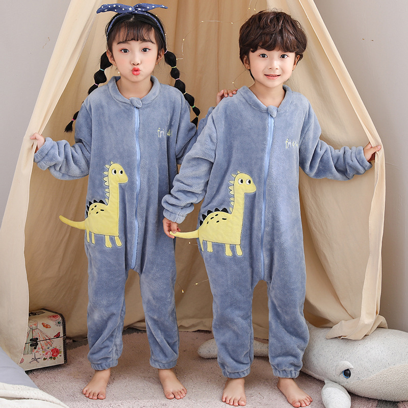 大童睡袋秋冬季绒料中小童哈衣珊瑚绒加厚男女孩防踢着凉睡袋