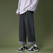 韩版 男士 潮流 纽扣腰基础款 阔腿黑色休闲长裤 牛仔裤 直筒宽松春秋季