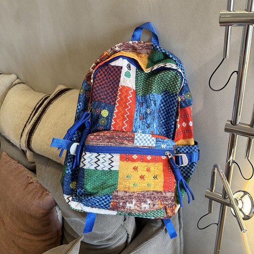 尼泊尔拼色花布双肩包尼龙3D印花高颜值轻便防泼水旅行背包书包