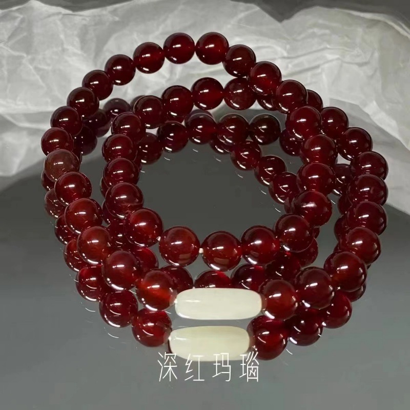 天然巴西红玛瑙双层手串深色朱砂红配和田玉拼色腕间国潮红运首饰