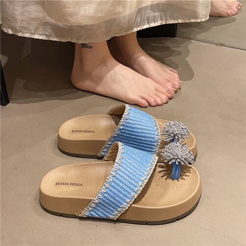 水钻烟花厚底勃肯一字拖女夏外穿2026新款时尚编织沙滩套趾凉拖鞋
