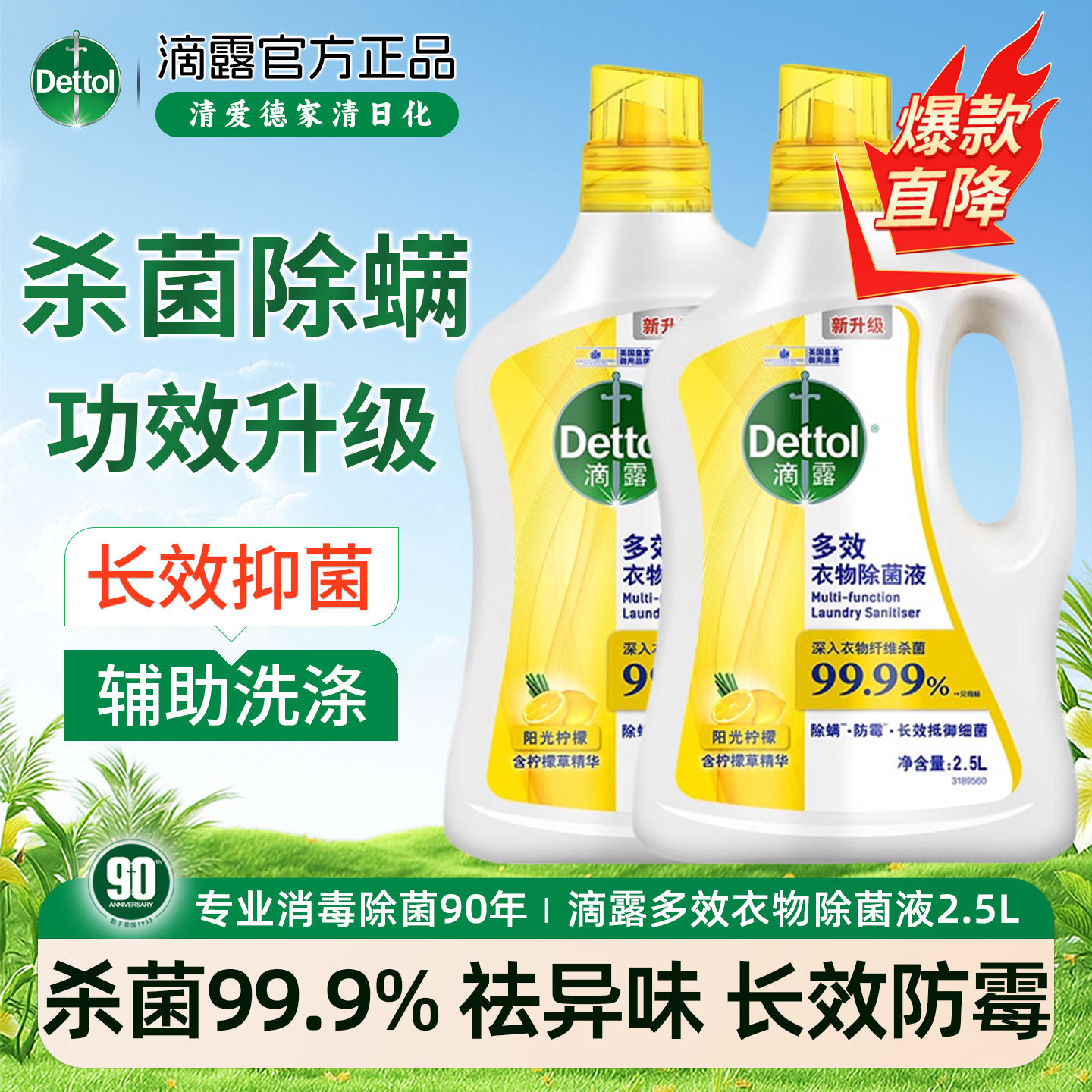 滴露多效衣物除菌液洗衣专用消毒液杀菌除螨防霉去异味2.5L正品