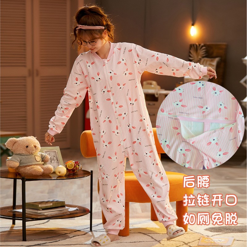 儿童连体睡衣成人连身衣纯棉女卡通宝宝防踢家居服亲子装母女春秋
