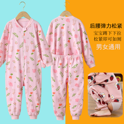 小孩连身睡衣春秋中大童纯棉兔子宝宝长袖后腰如厕女孩家居服大码