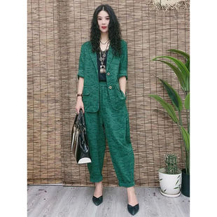 2026春装新款西服套装女文艺复古宽松显瘦小西装哈伦裤两件套女潮