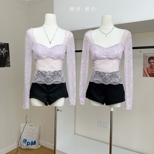 纯欲性感蕾丝打底衫女高级感韩版修身上衣春季V领长袖T恤女士内搭