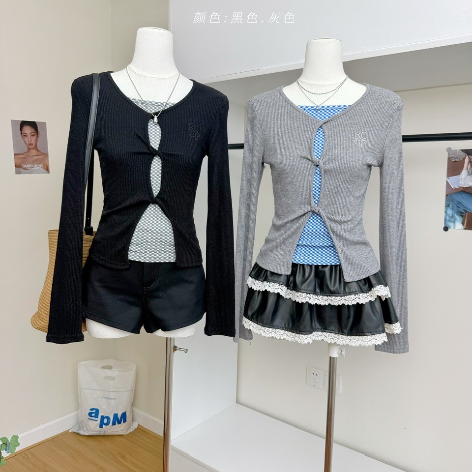 Lukira甜欲捕手一字肩绑带蕾丝边长袖T恤女秋季拼接修身上衣女