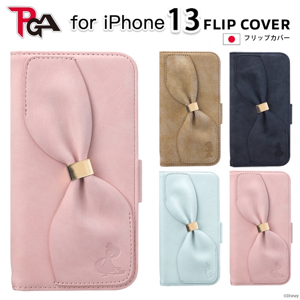 日本PGA原装正版苹果iPhone13Pro翻盖手机壳蝴蝶结皮套迪士尼 适用13高级感甜美女生13mini保护套插卡