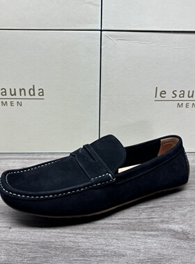 LE SAUNDA/莱尔斯丹男鞋一脚蹬休闲皮鞋真牛皮平底低跟轻便豆豆鞋