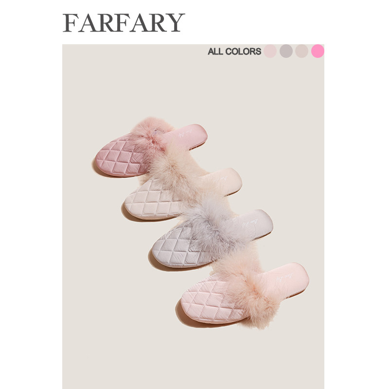 Farfary番薯泥法式高级小香风羽毛缎面拖鞋女秋室内居家静音半拖,居家布艺,居家棉拖/棉鞋,淘宝优惠券,粉丝福利购,淘宝优惠卷