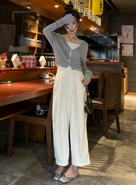 楠涛春夏褶皱简约高腰阔腿休闲裤女薄款凉感宽松显瘦萝卜九分裤子