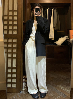 褶皱休闲阔腿裤2025早春韩版肌理垂感高腰显瘦宽松直筒拖地长裤女