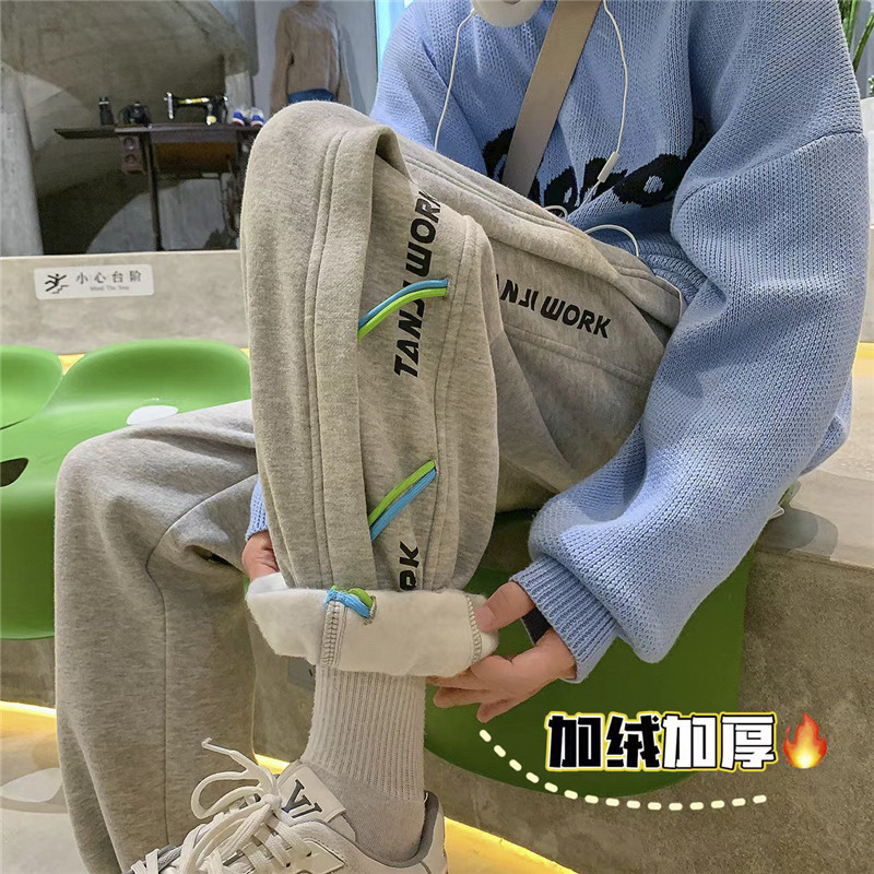 加绒加厚织带装饰宽松直筒拖地休闲裤P55控68，男装卫衣，电商D205