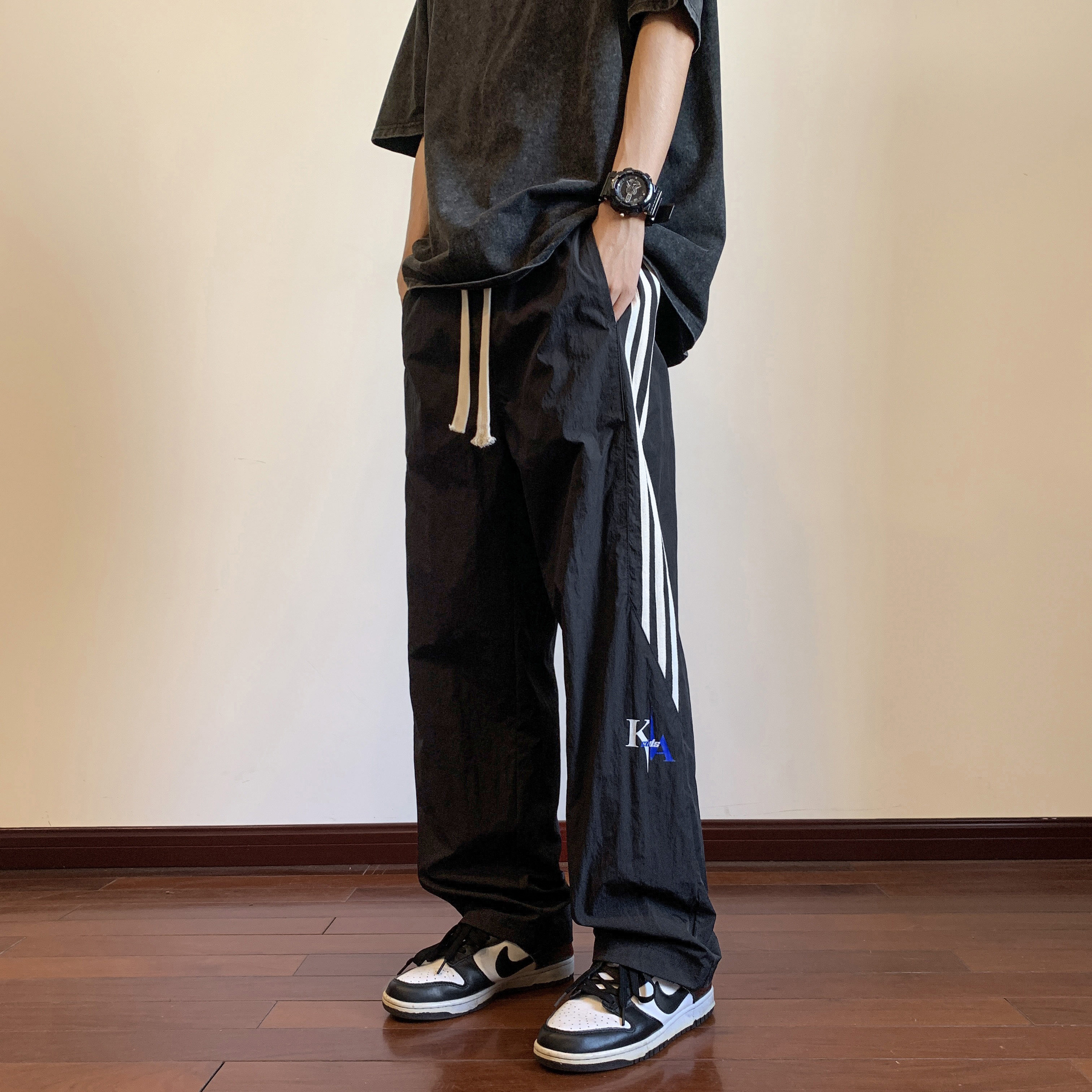 伞兵裤侧边彩条速干休闲裤夏季阔腿宽松百搭伐木长裤P50控68,男装休闲裤,电商D205