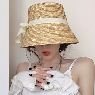 欧美风格法式复古草帽麦秆水桶帽子女夏天百搭遮阳防晒度假沙滩帽