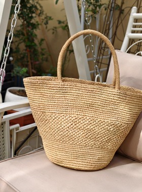 法式极简主义草编包沙滩度假手工编织拉菲草女夏天出游手提单肩包