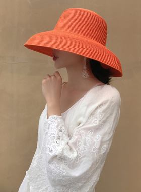 欧美风格法式复古橘色赫本风钟型大帽檐沙滩帽度假防晒出游草帽子