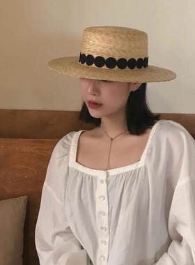 欧美蕾丝贴片麦秆ins网红同款平顶草帽时尚防晒度假遮阳沙滩帽子