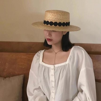 欧美蕾丝贴片麦秆ins网红同款平顶草帽时尚防晒度假遮阳沙滩帽子