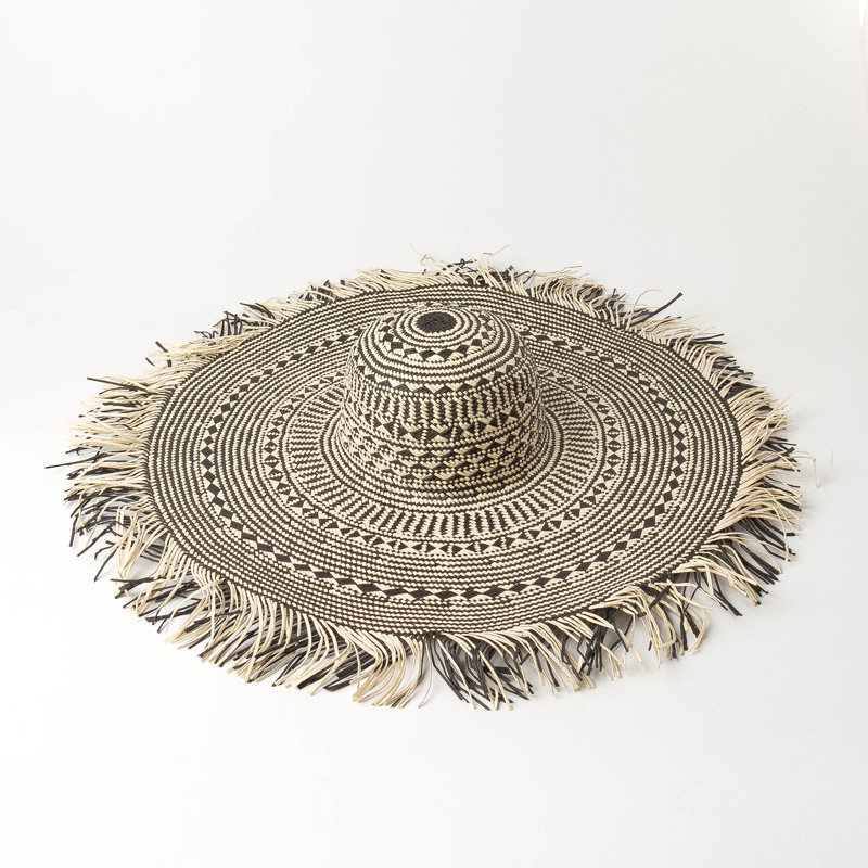 欧美风格春夏新款黑白几何图案圆顶大帽檐出游度假遮阳沙滩草帽女