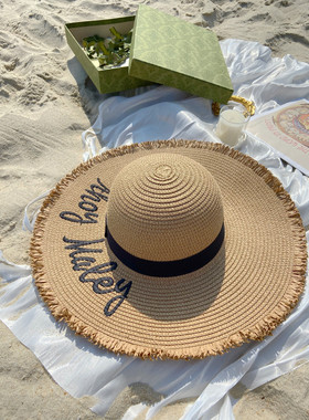 2025春夏新款海边遮阳帽防晒沙滩草帽女士字母度假圆顶大帽檐草帽