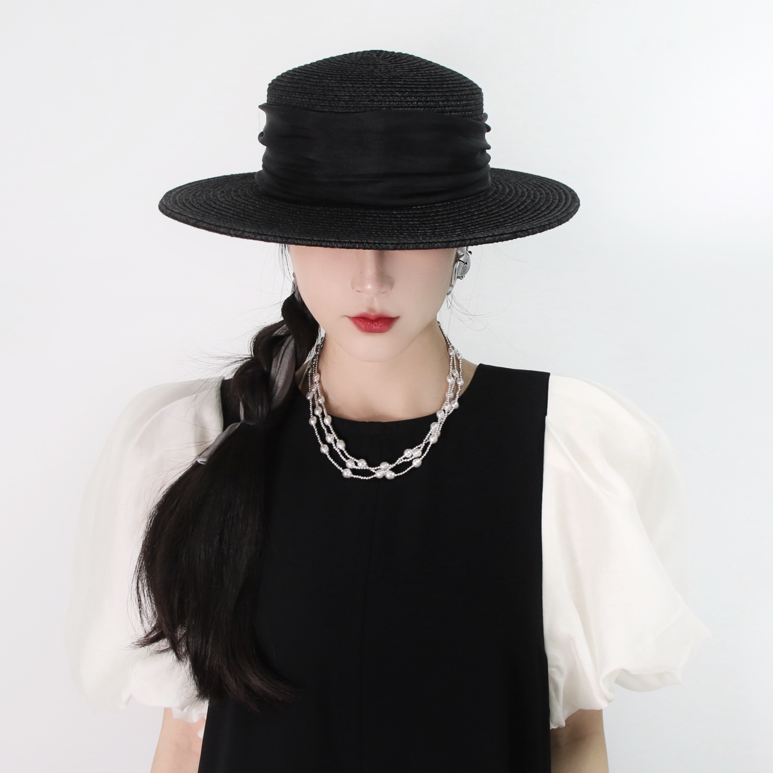 日系百搭黑色宽檐巴拿马平顶礼帽女夏天遮阳防晒沙滩太阳草帽复古