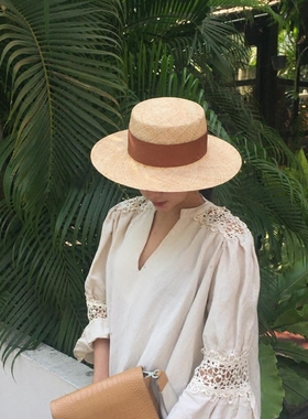 网红法式平顶宝草草帽女夏天沙滩大帽檐英伦礼帽海边防晒度假帽子