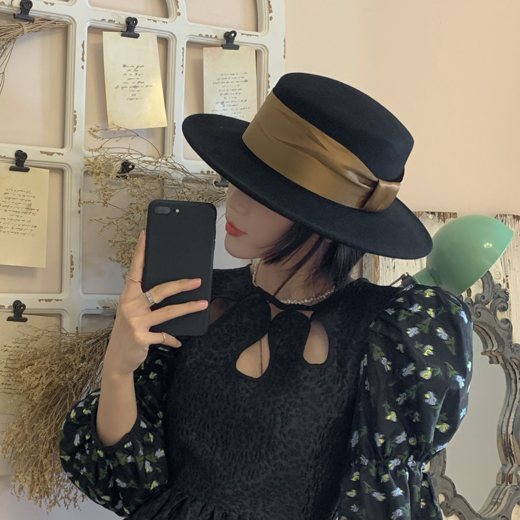 欧美法式复古宽檐羊毛呢平顶礼帽女秋冬英伦平檐百搭名媛毛毡帽子