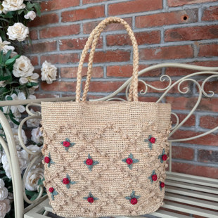 法式田园风草编包包拉菲草手工编织玫瑰花单肩包大容量手提沙滩包