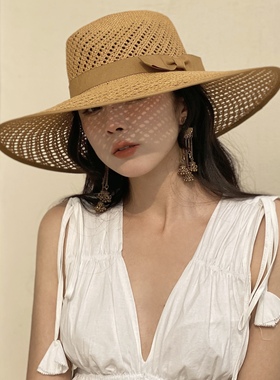 欧美风格春夏手编镂空纸草大檐爵士帽沙滩遮阳防晒草帽度假沙滩帽