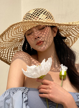 欧美风格春夏新款镂空手工编织大檐拉菲草帽出游遮阳度假沙滩帽女
