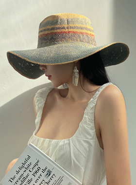 韩版复古粉蓝色度假沙滩宽檐波浪爵士礼帽女夏天遮阳防晒出游草帽