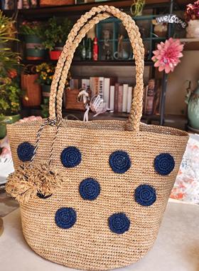 波点拉菲草编织草编包女夏大容量法式度假海边沙滩单肩手提托特包