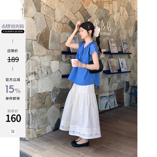 娃娃衫 Ramesse 西島海岸 寶藍(lán)花邊領(lǐng)口系結(jié)風(fēng)琴褶短袖 顯白上衣