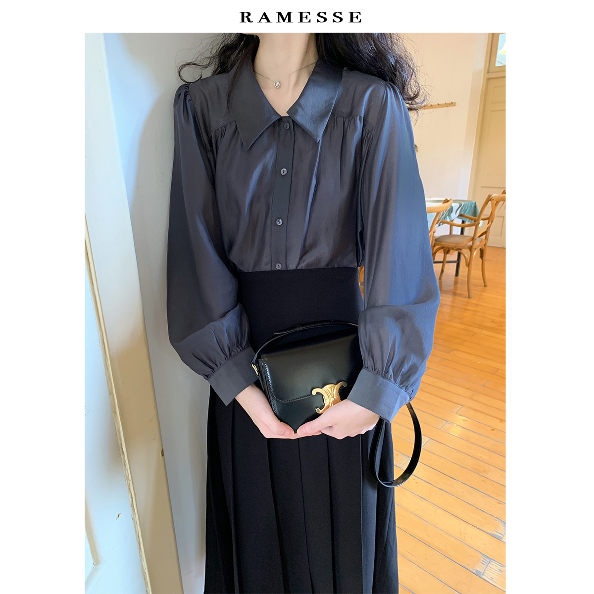 Ramesse | 复古灯笼袖小翻领衬衣女雾霾感冷淡色系长袖衬衫紫/灰