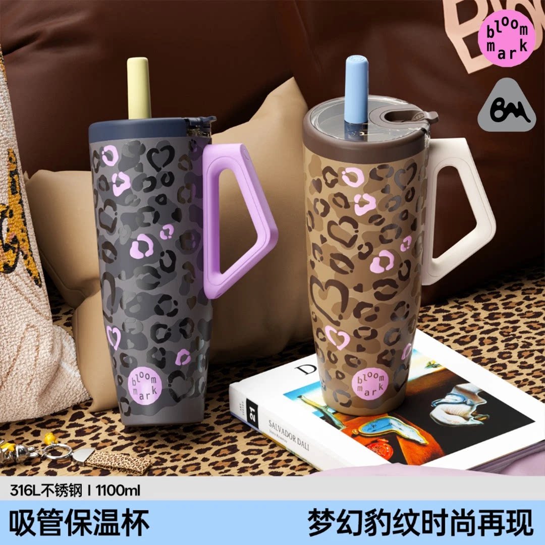 豹纹保温杯女大容量吸管水杯图片