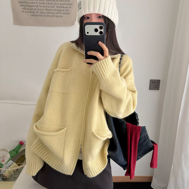 韩版慵懒风拉链毛衣外套女春秋季新款设计感宽松软糯高领针织开衫