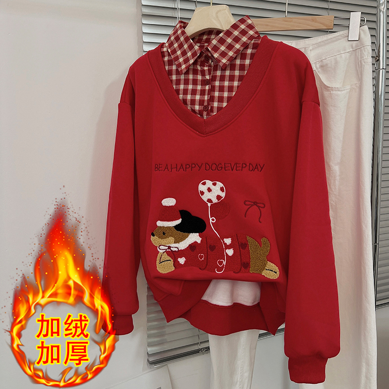 胖mm特大码300斤圣诞节加绒卫衣女秋冬polo领假两件少女学生上衣