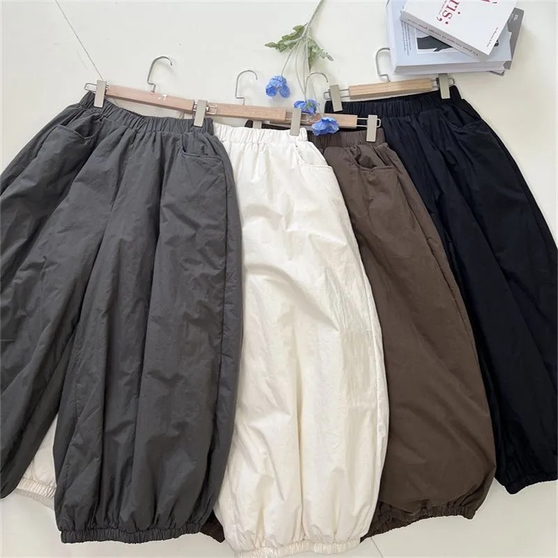 胖mm特大码300斤日系夹棉厚款灯笼长裤女秋冬保暖松紧腰阔腿棉裤