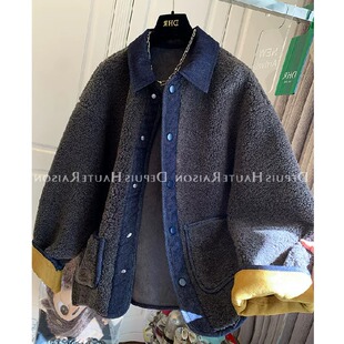 胖mm特大码300斤美式牛仔拼接羊羔毛绒外套女冬季设计感厚款夹克